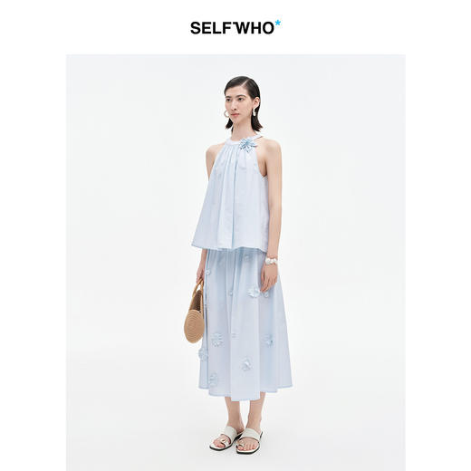 SELFWHO纯棉手工花朵装饰半身裙女2025夏新款抽褶宽腰头A字裙伞裙 商品图1