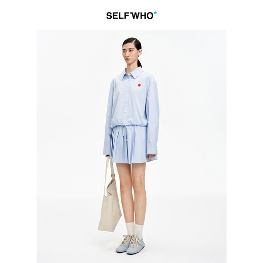 SELFWHO笑脸衣橱纯棉蓝色A字短裙女2026夏新款休闲显瘦压褶半身裙 商品图1