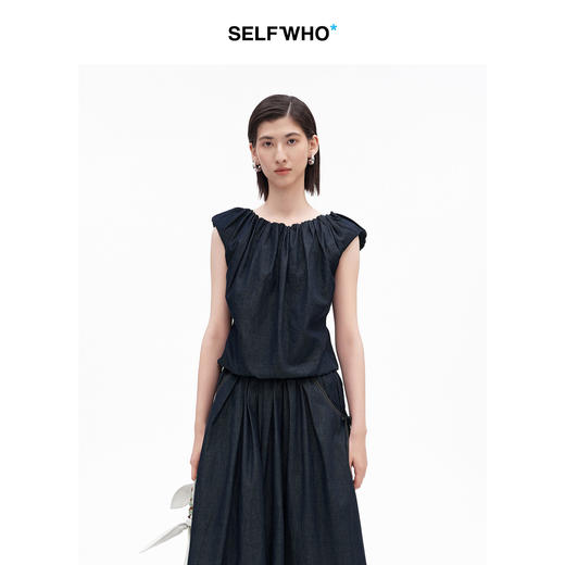 SELFWHO棉混纺原牛风无袖牛仔背心女2026夏季新款小飞袖抽褶上衣 商品图0