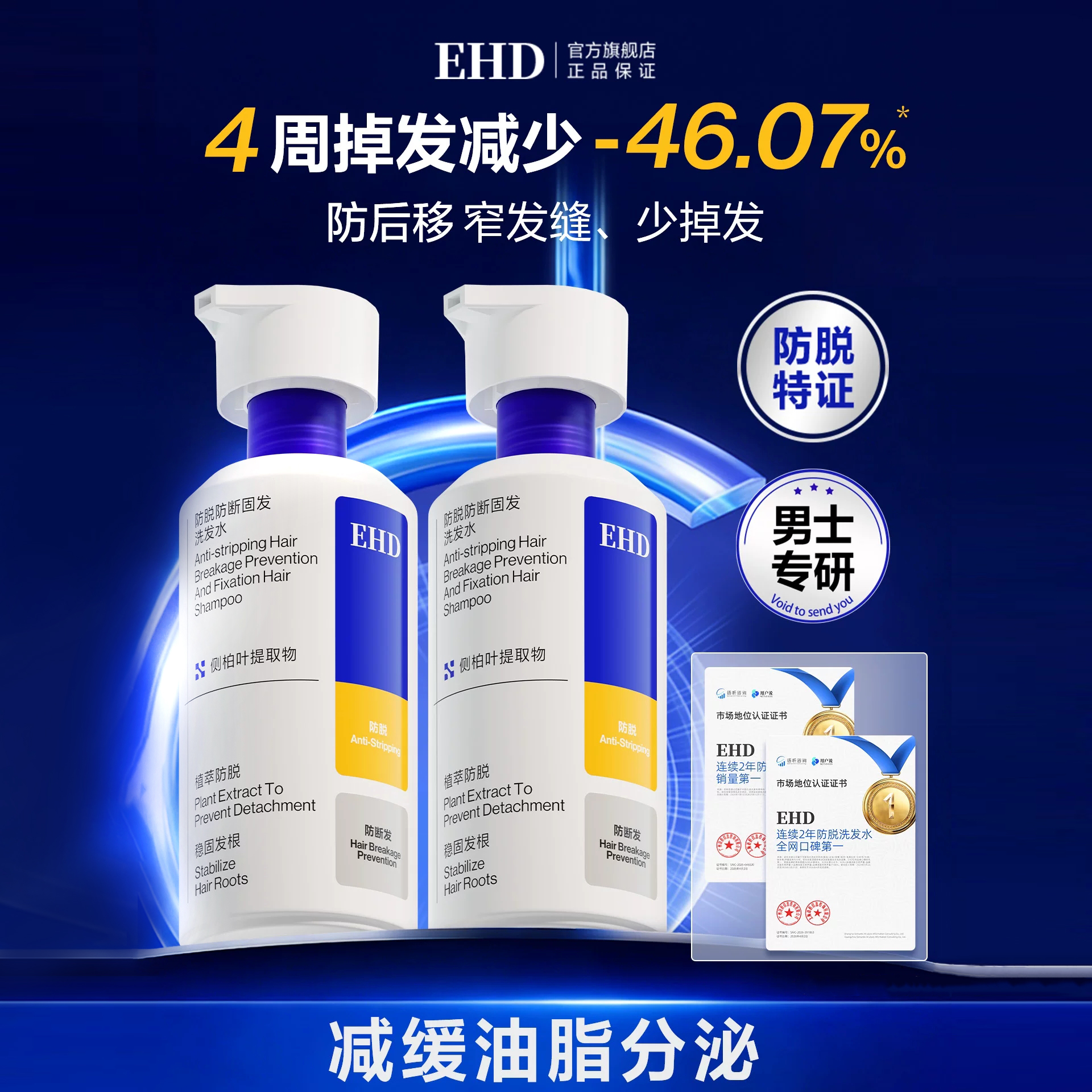 年中大促！【持证防脱 清爽蓬松 持久控油】EHD 防脱防断固发洗发水 侧柏植萃配方 深层平衡头皮油脂 300ml/瓶