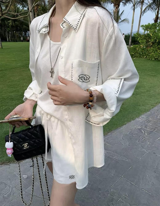 小香风轻透棉麻衬衫+短裤套装 商品图1