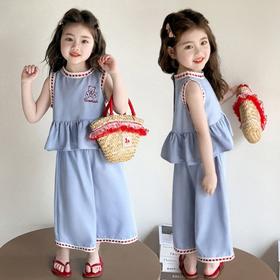 【韩系甜美❗夏日清爽】女童夏装网红套装新款洋气小女孩花边背心阔腿裤儿童甜美两件套。xe★深秘心选