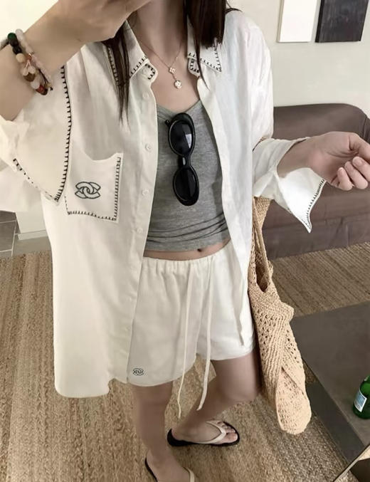 小香风轻透棉麻衬衫+短裤套装 商品图2