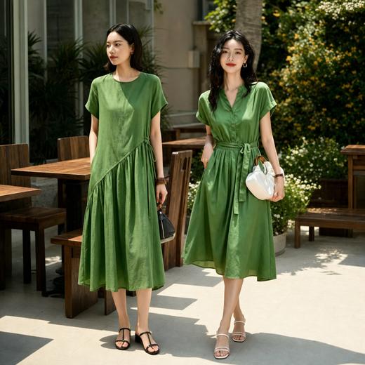 LONGNVFAIR松针绿亚麻苎麻连衣裙系列 | 30+熟女夏日穿搭，把大自然的诗意穿在身上，优雅又高级【3-7天发货，周末顺延】 商品图0