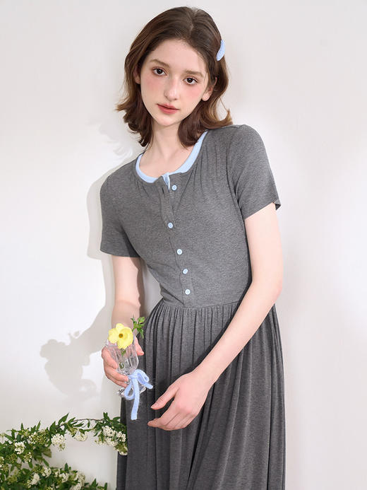 【撞色假两件】甜美清新短袖连衣裙女2025春夏弹力针织A字裙LXD50276 商品图3