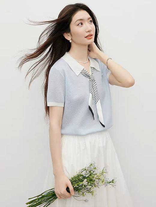 西遇天丝亚麻针织短袖T恤女2026夏新款学院风撞色polo领丝巾上衣SS060626 商品图4