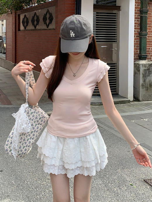 西遇莱赛尔短袖T恤女2026年夏季新款v领小飞袖褶皱纯欲短款上衣SS060620 商品图3