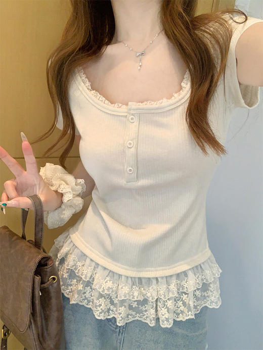 西遇蕾丝花边假两件短袖T恤女2026年夏季新款大U领半开扣修身上衣SS060621 商品图2
