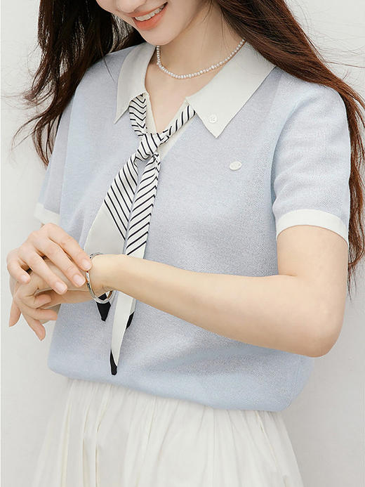 西遇天丝亚麻针织短袖T恤女2026夏新款学院风撞色polo领丝巾上衣SS060626 商品图1