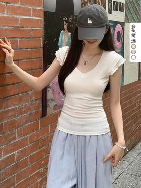 西遇莱赛尔短袖T恤女2026年夏季新款v领小飞袖褶皱纯欲短款上衣SS060620