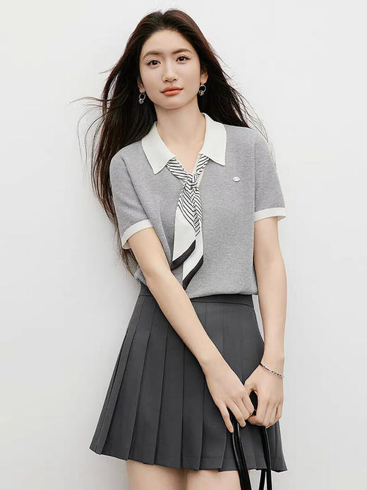西遇天丝亚麻针织短袖T恤女2026夏新款学院风撞色polo领丝巾上衣SS060626 商品图3