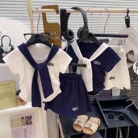 【青春元气感❗柔软透气】26新款女童学院风百搭棉上衣海军风披肩T恤短裤套装.xe★深秘心选