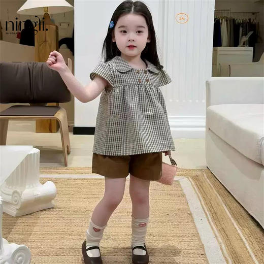 【复古格纹娃娃领❗减龄乖巧】女童洋气套装2026夏装新款女宝宝短袖棉上衣学院风两件套潮.xe★深秘心选 商品图1