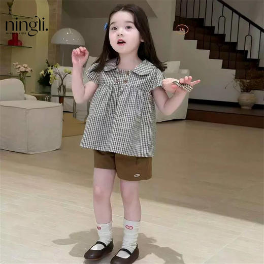 【复古格纹娃娃领❗减龄乖巧】女童洋气套装2026夏装新款女宝宝短袖棉上衣学院风两件套潮.xe★深秘心选 商品图0