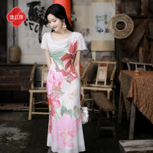 【多件多折】逸红颜《双生婳》26夏新冰感高弹网纱定位蝴蝶兰荡领鱼尾连衣裙女 商品图3
