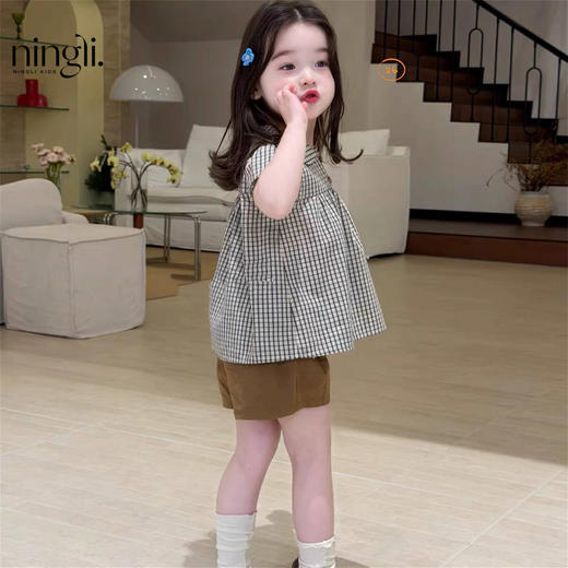 【复古格纹娃娃领❗减龄乖巧】女童洋气套装2026夏装新款女宝宝短袖棉上衣学院风两件套潮.xe★深秘心选 商品图2