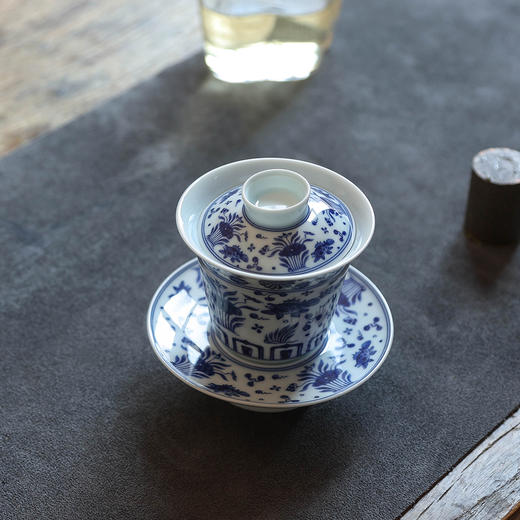 茶香记凤天高足薄胎盖碗贴绘鱼藻纹陶瓷古典高挺端庄优雅三才盖碗 商品图5