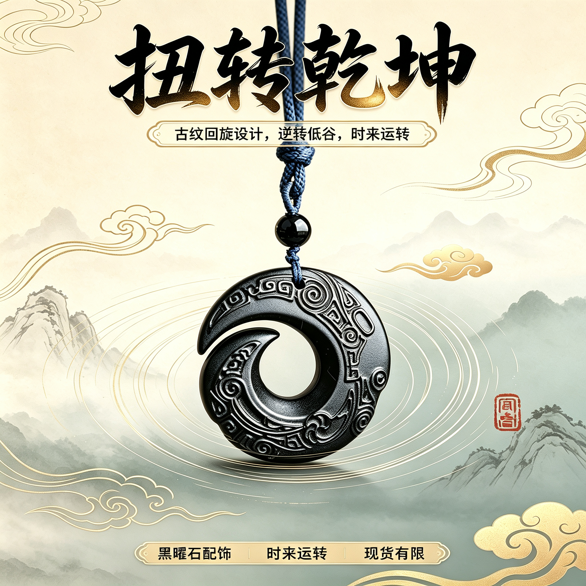 董易奇-回旋纹黑曜石吊坠男女款通勤简约哑光配饰日常百搭项链