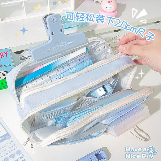 新品🔥【双层网格 多功能夹层笔袋】韩版涤纶多层分类收纳笔袋 高颜值设计 抽绳开窗笔袋 约装80支笔 原创笔袋女生小众不撞款文具盒笔袋 商品图2