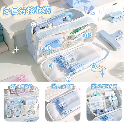 新品🔥【双层网格 多功能夹层笔袋】韩版涤纶多层分类收纳笔袋 高颜值设计 抽绳开窗笔袋 约装80支笔 原创笔袋女生小众不撞款文具盒笔袋 商品图3