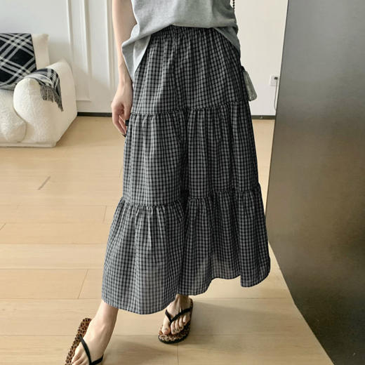 西遇格纹拼接蛋糕半身裙女2026夏季新款高腰分层褶皱宽松复古长裙SS060688 商品图2