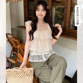 西遇蕾丝方领小飞袖衬衫女2026夏季新款多层荷叶边设计感宽松上衣SS060675