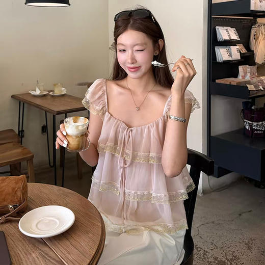 西遇蕾丝方领小飞袖衬衫女2026夏季新款多层荷叶边设计感宽松上衣SS060675 商品图4