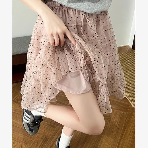 西遇粉色波点网纱半身裙女2026夏季新款双层蕾丝花边不规则蓬蓬裙SS060687 商品图1