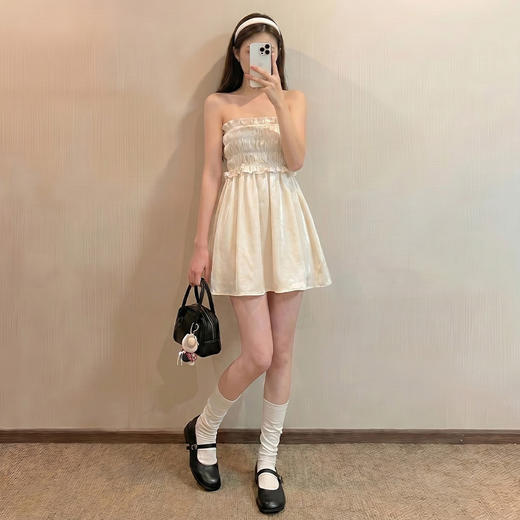 西遇韩系白色半身裙女2026年夏季新款缎面褶皱花边两穿抹胸裙子SS060679 商品图3
