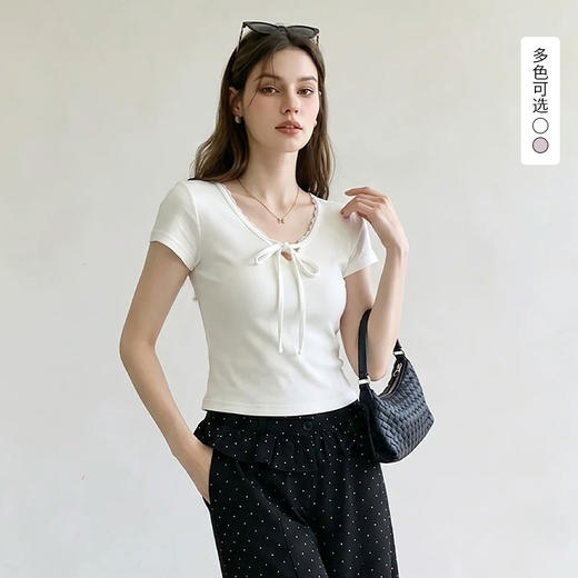 西遇韩系蕾丝绑带莱赛尔短袖T恤女2026年夏季新款U领修身短款上衣SS060670 商品图0