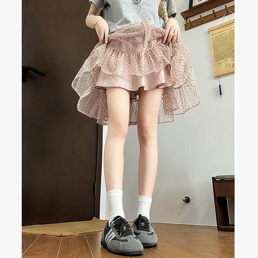 西遇粉色波点网纱半身裙女2026夏季新款双层蕾丝花边不规则蓬蓬裙SS060687 商品图4