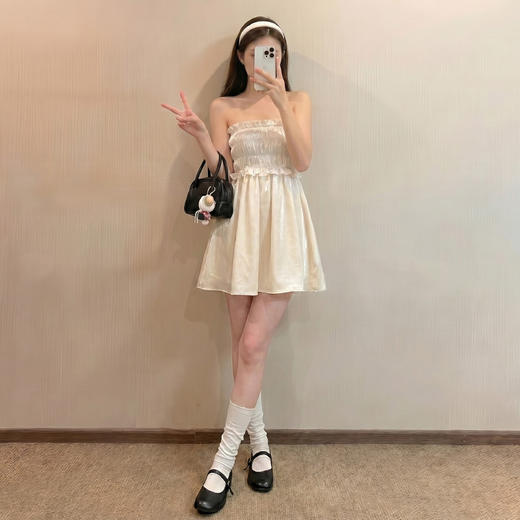西遇韩系白色半身裙女2026年夏季新款缎面褶皱花边两穿抹胸裙子SS060679 商品图2