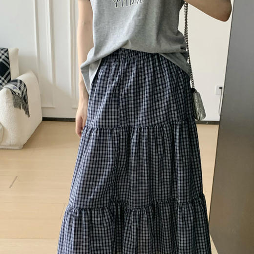 西遇格纹拼接蛋糕半身裙女2026夏季新款高腰分层褶皱宽松复古长裙SS060688 商品图1