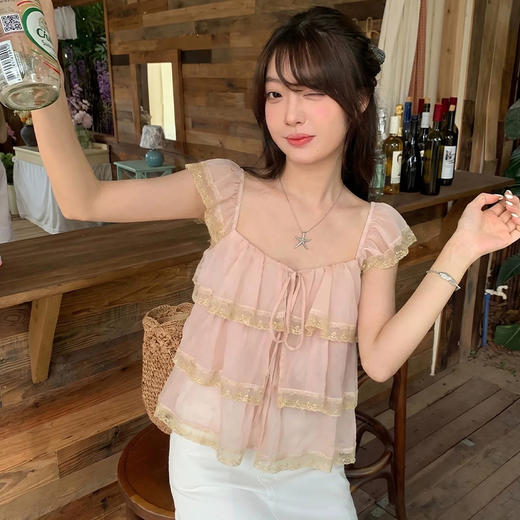 西遇蕾丝方领小飞袖衬衫女2026夏季新款多层荷叶边设计感宽松上衣SS060675 商品图2