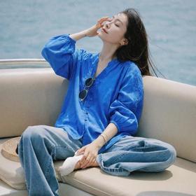 蚕丝棉民族刺绣克莱因蓝衬衫，独一份的夏日高级感，巨显白！【下单7天内发货】