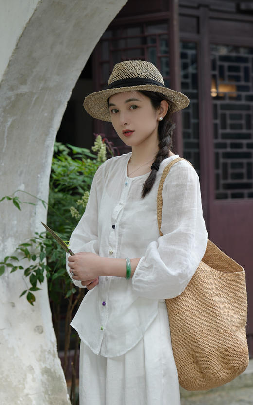 藏青天丝亚麻7分泡泡袖衬衫 | 2026年夏，流行藏青色，显白、显高级【3-7天发货】 商品图1