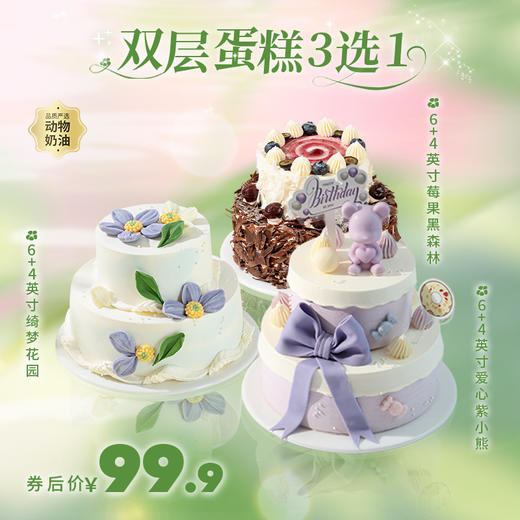 6+4英寸蛋糕3选1，【爱心紫小熊】【绮梦花园】【莓果黑森林】 双层精致甜品塔多重口味，聚会推荐拍照秒出片（新人专区） 商品图0