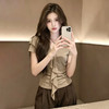 【限时秒杀】西遇卡其色V领荷叶边短袖T恤女2026夏新款褶皱修身不规则飘带上衣SS060527 商品缩略图4