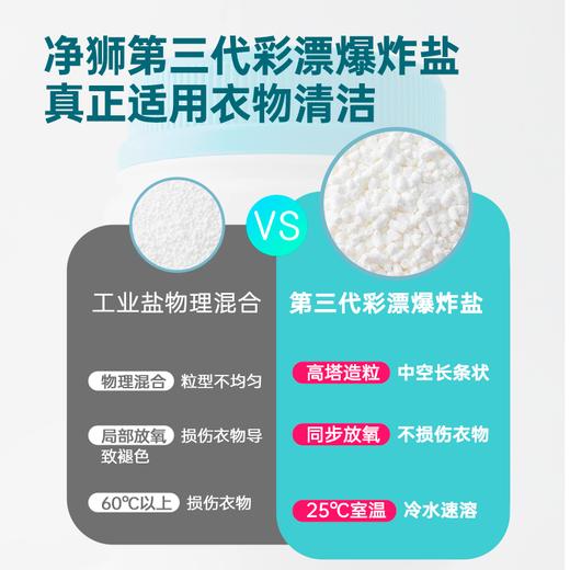 【不伤面料 强效去渍】净狮 3倍超浓缩彩漂爆炸盐 活氧爆炸去污 温和配方呵护衣物纤维 520g/瓶 商品图2