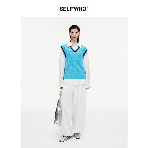 SELFWHO羊毛混纺撞色菱形镂空背心毛衣女2026秋新款宽松V领针织衫 商品图4