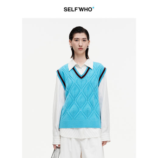 SELFWHO羊毛混纺撞色菱形镂空背心毛衣女2026秋新款宽松V领针织衫 商品图0