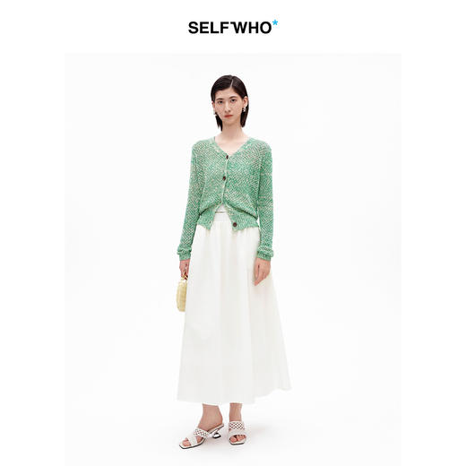 SELFWHO棉亚麻混纺复古V领绿色针织开衫女2026夏新款显瘦长袖上衣 商品图2