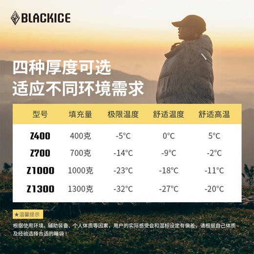 黑冰Z系列旗舰款Z400/Z700/Z1000/Z1300户外露营成人轻量羽绒睡袋木乃伊式鹅绒 商品图2