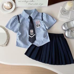 【学院氛围感❗️清爽不闷】夏季条纹卡通学院风女童连衣裙可爱小兔子制服短袖衬衣裙套装。xe★深秘心选
