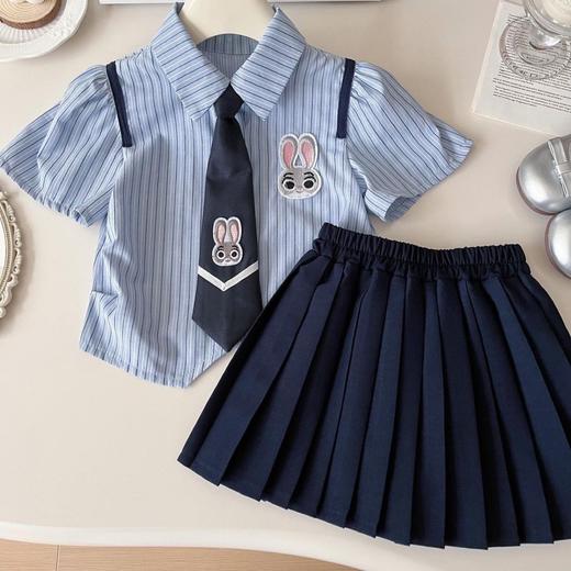 【学院氛围感❗️清爽不闷】夏季条纹卡通学院风女童连衣裙可爱小兔子制服短袖衬衣裙套装。xe★深秘心选 商品图1