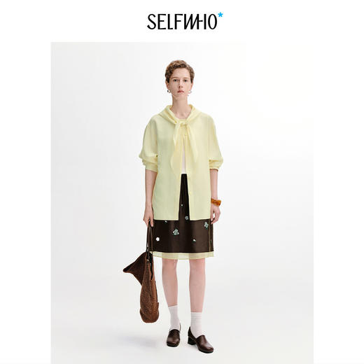 SELFWHO莱赛尔混纺撞色假两件绿绒蒿钉珠刺绣半身裙女2026秋新款 商品图2