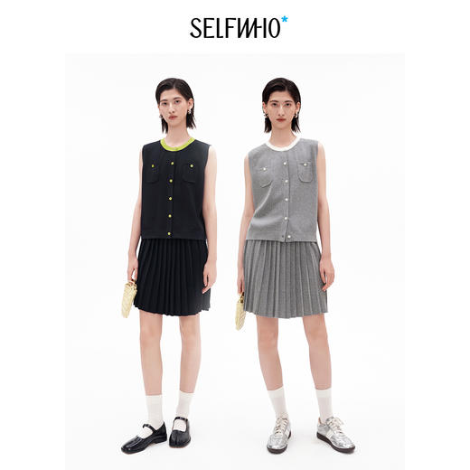SELFWHO亚麻混纺撞色正肩圆领马甲背心女2026夏新款宽松开衫上衣 商品图1