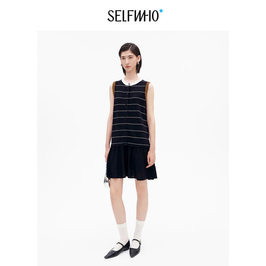 SELFWHO经典复古撞色条纹无袖连衣裙女2026夏新款直筒显瘦百褶裙 商品图3