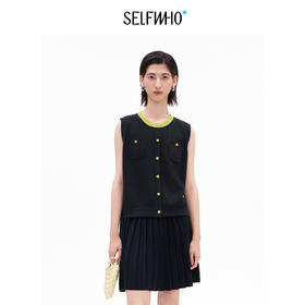 SELFWHO亚麻混纺撞色正肩圆领马甲背心女2026夏新款宽松开衫上衣