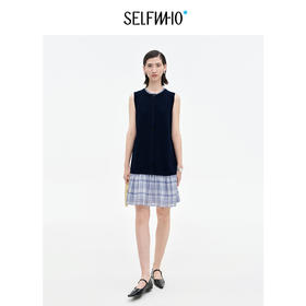 SELFWHO天丝桑蚕丝撞色格纹梭织拼接背心连衣裙女2025秋新款裙子